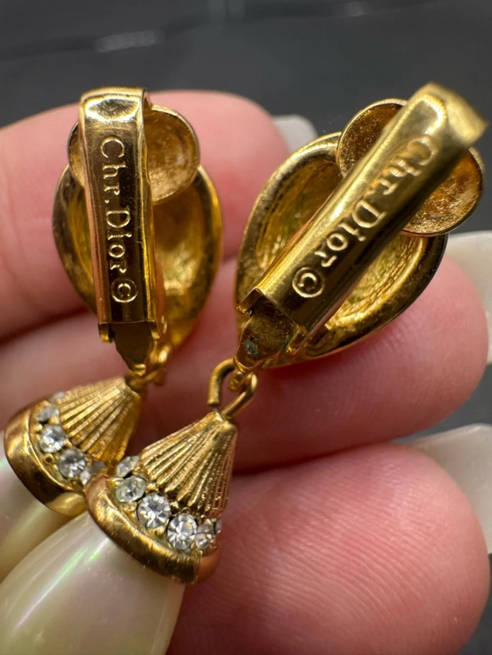 Dior Vintage Gold Crystal Pavé Earrings with White Pearl Drops clip on earrings - Picture 9 of 11